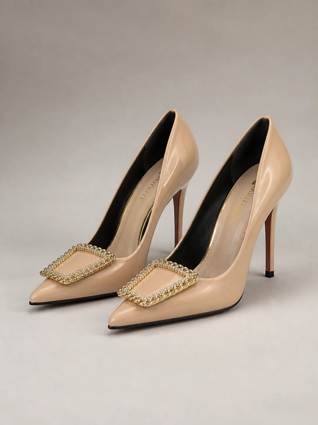 NUDE PATENT GOLD BUCKLE STILETTO PUMPS PRODUCT3