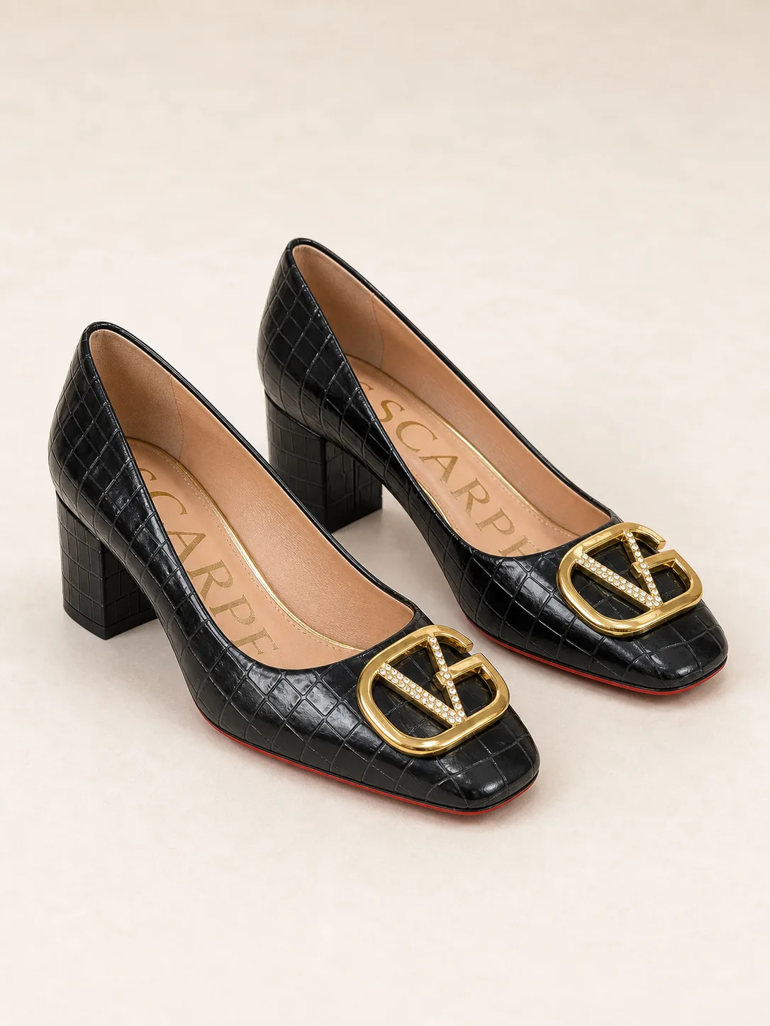 BLACK CROC EFFECT GOLD BUCKLE BLOCK HEELS PRODUCT70