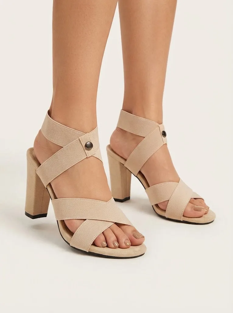 BEIGE CROSS STRAP SUEDE BLOCK SANDALS 416