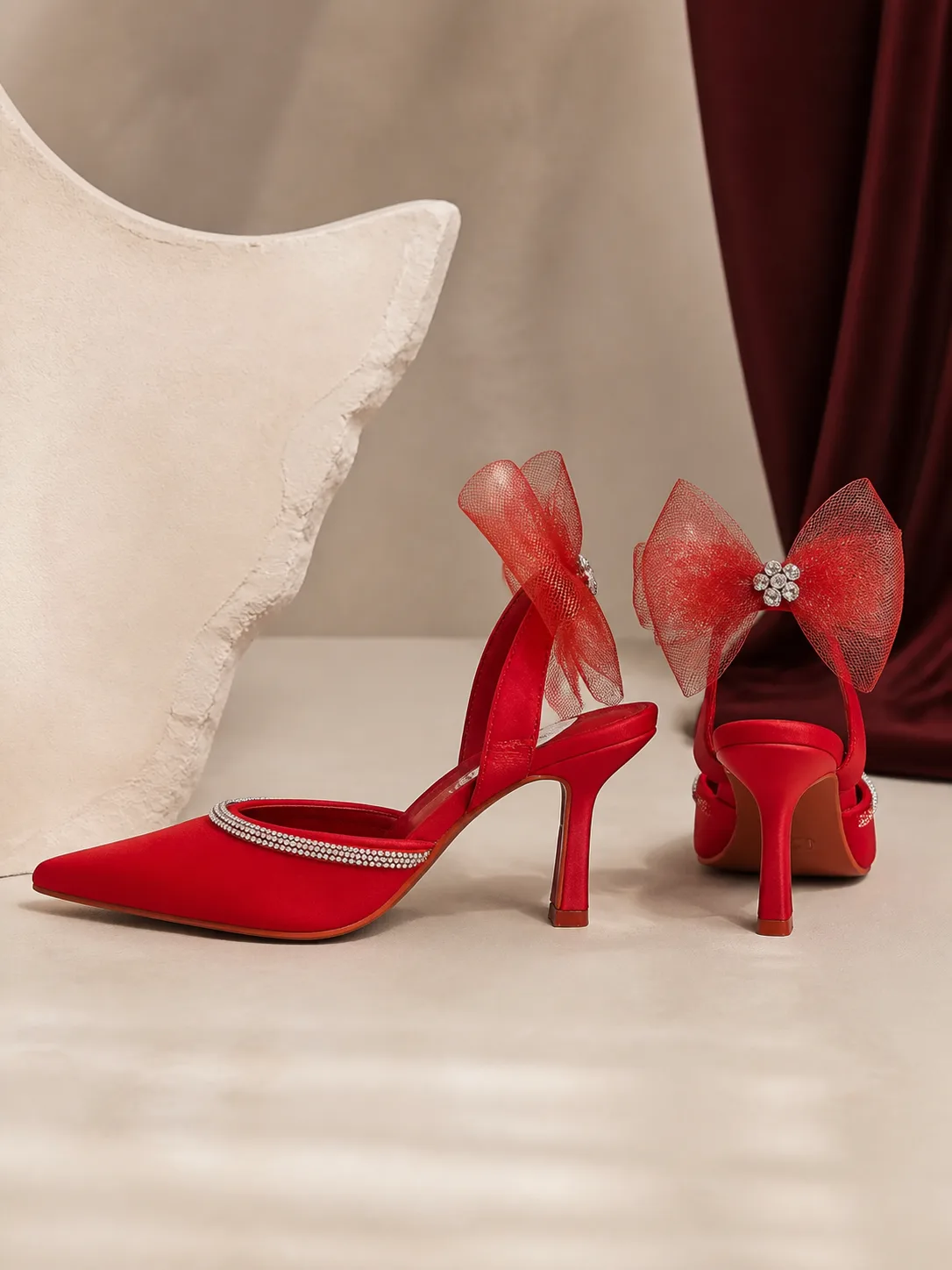 RED SATIN ORGANZA BOW CRYSTAL SLINGBACKS PRODUCT199