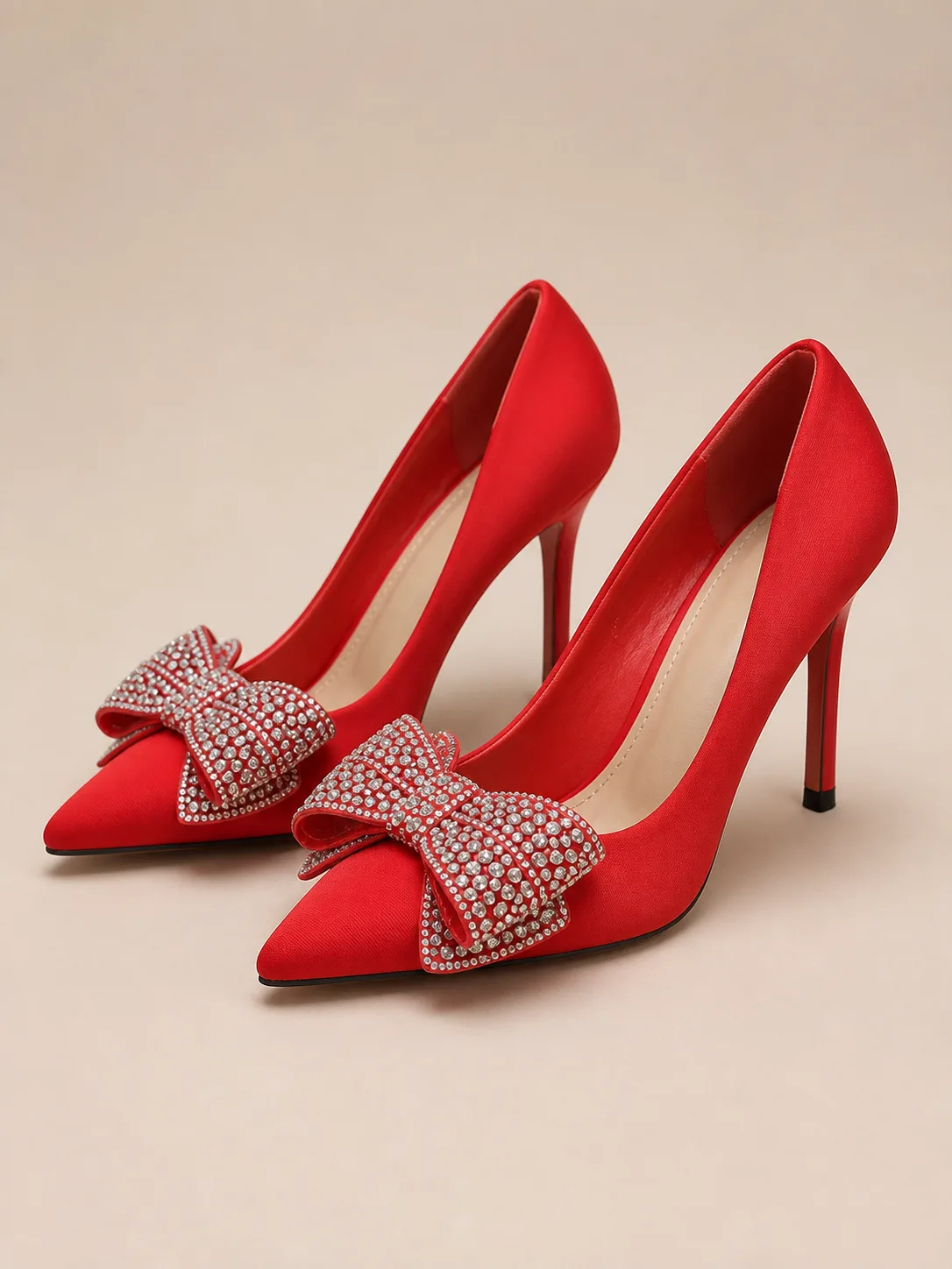 RED SATIN CRYSTAL BOW STILETTO PUMPS PRODUCT59