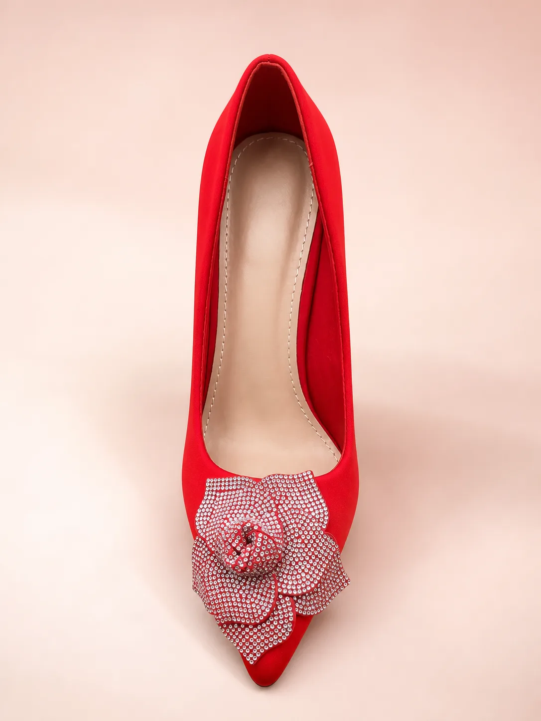 RED SATIN CRYSTAL FLOWER POINTED PUMPS PRODUCT118
