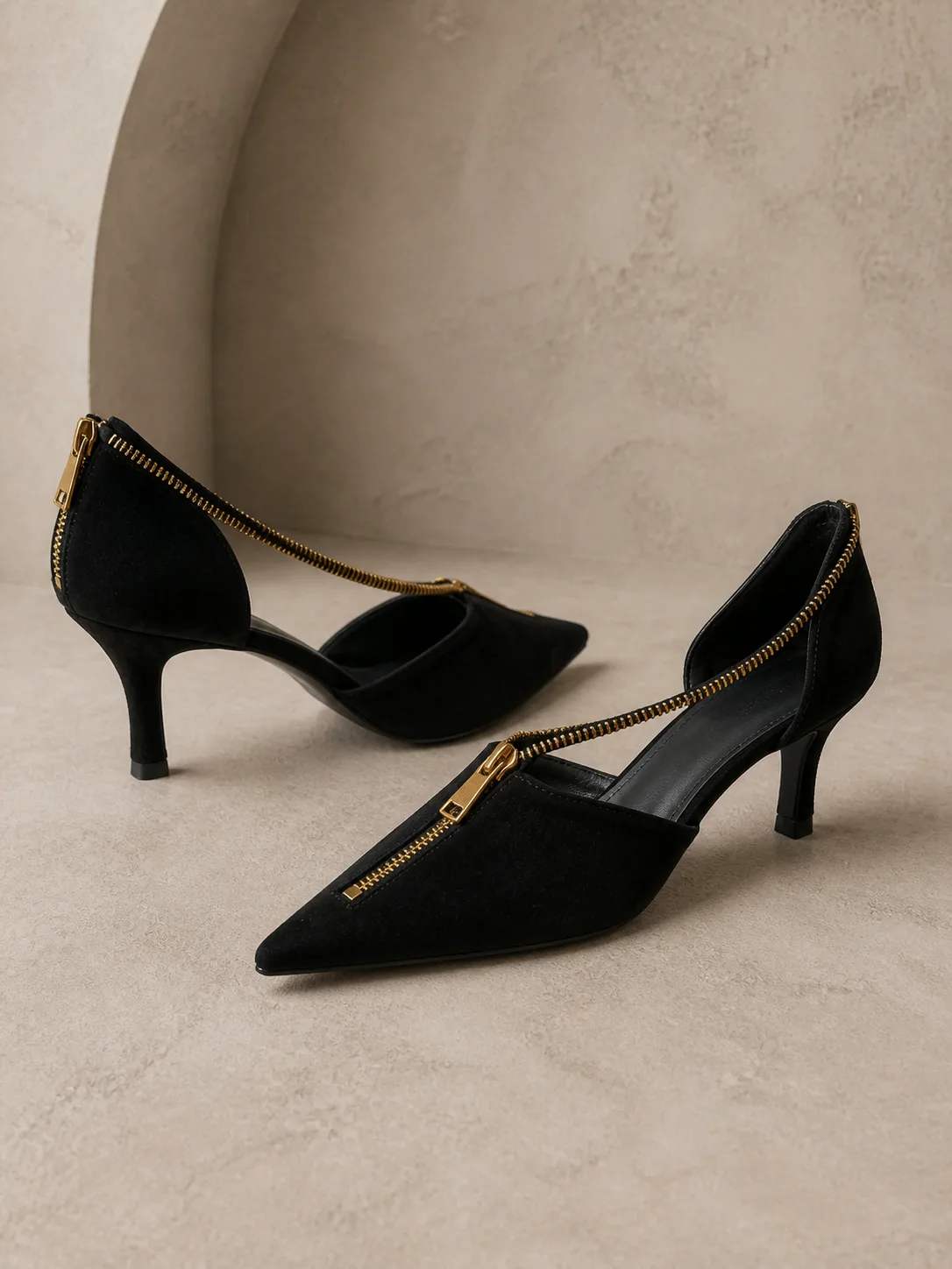 BLACK SUEDE GOLD ZIP TRIM KITTEN HEELS PRODUCT188