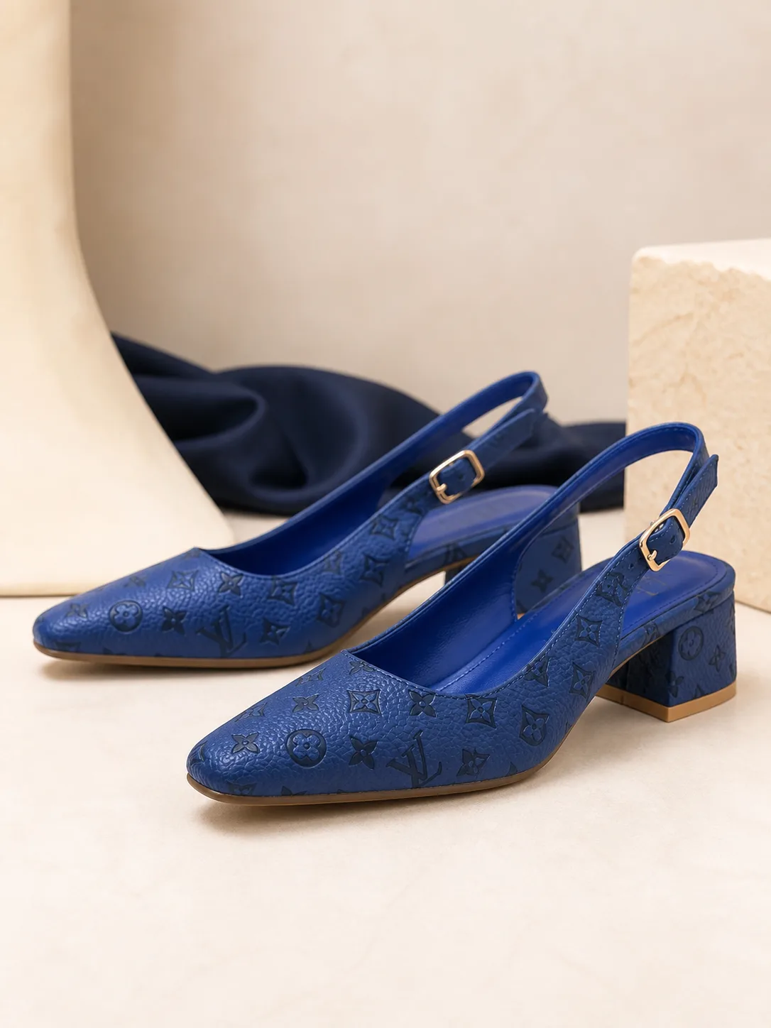 BLUE MONOGRAM PRINT SLINGBACK BLOCK HEELS PRODUCT172
