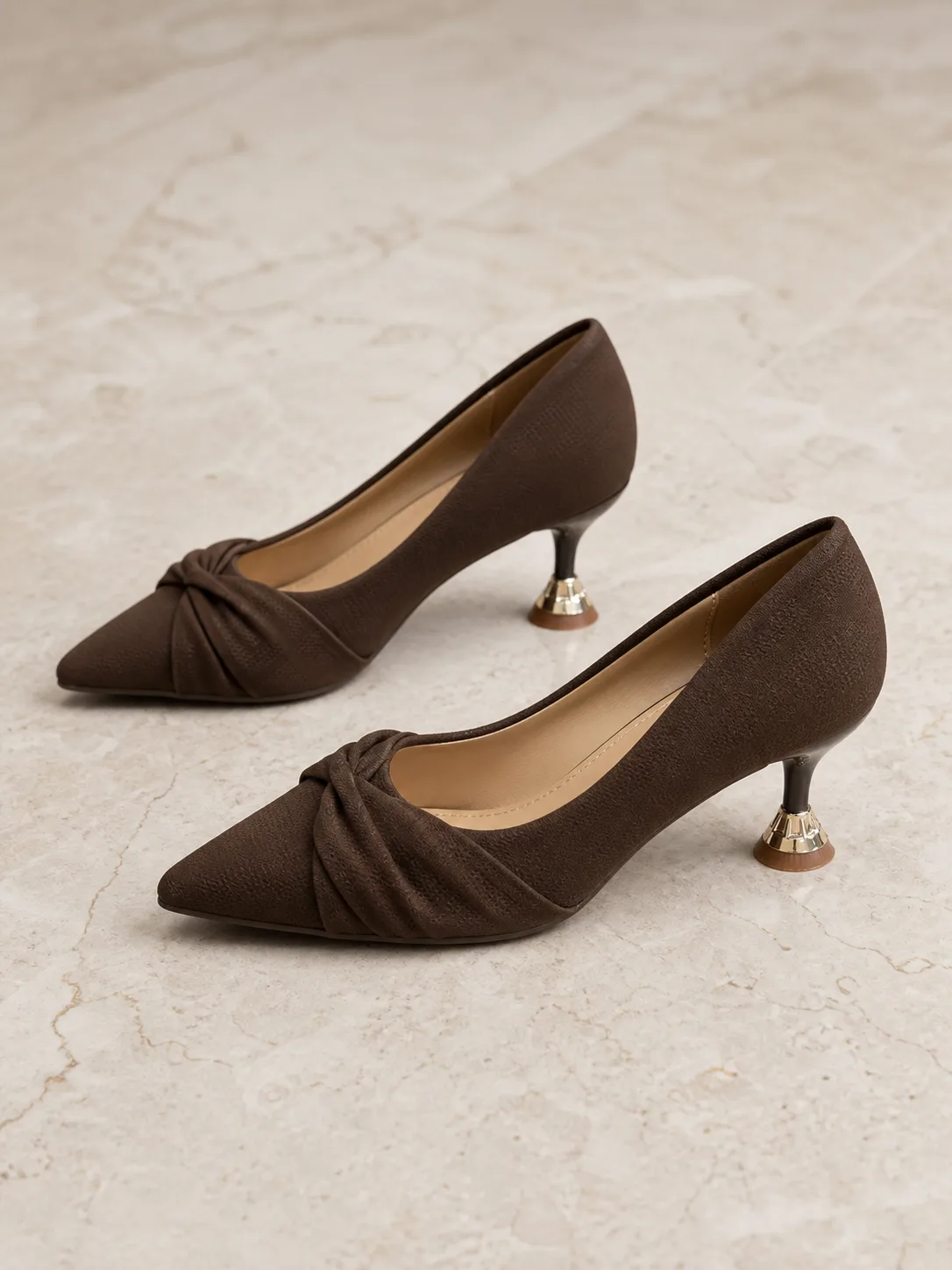DARK BROWN SUEDE KNOT ORNAMENTAL HEEL PUMPS PRODUCT218