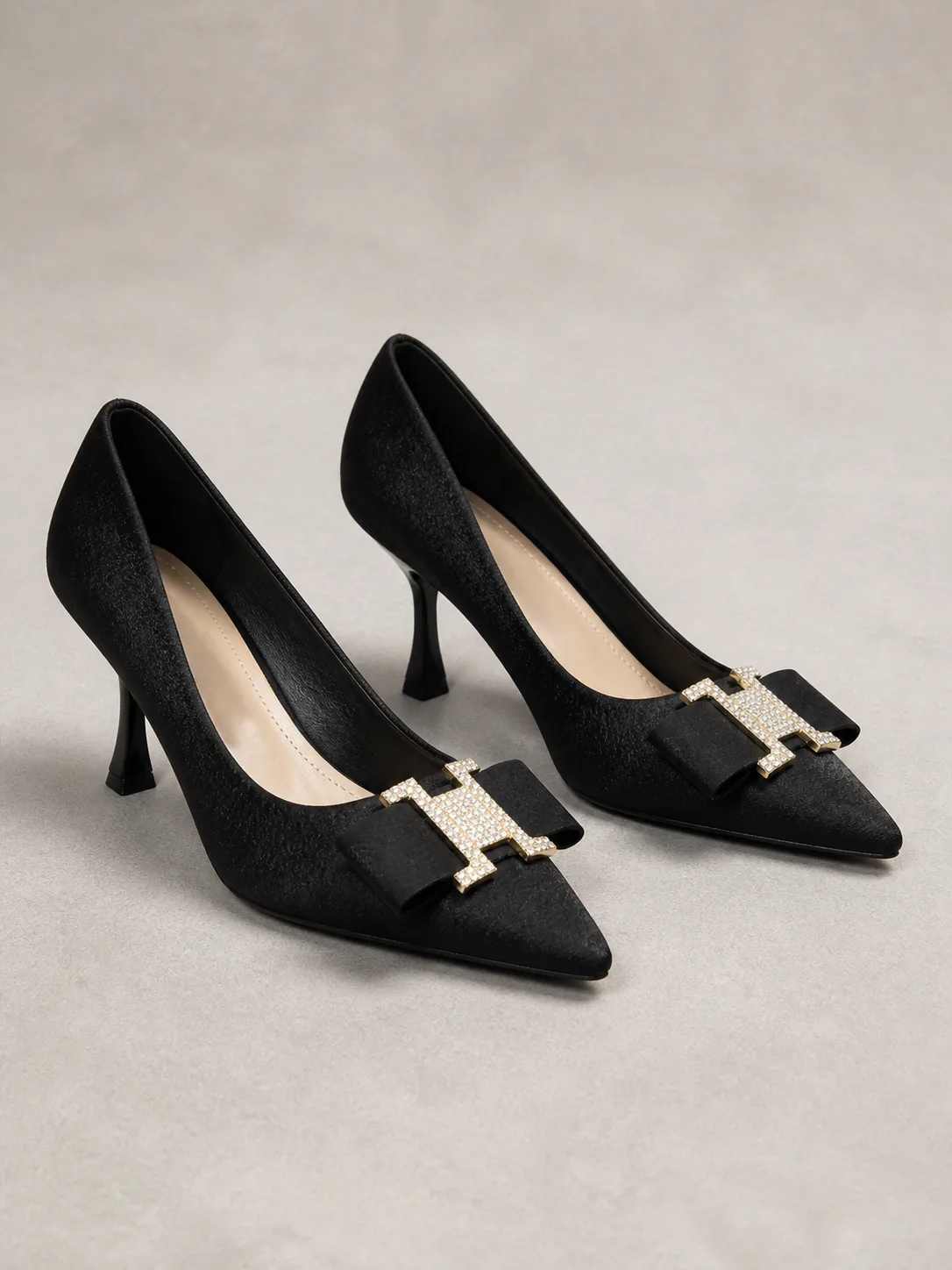 BLACK SHIMMER GOLD BOW STILETTO PUMPS PRODUCT71