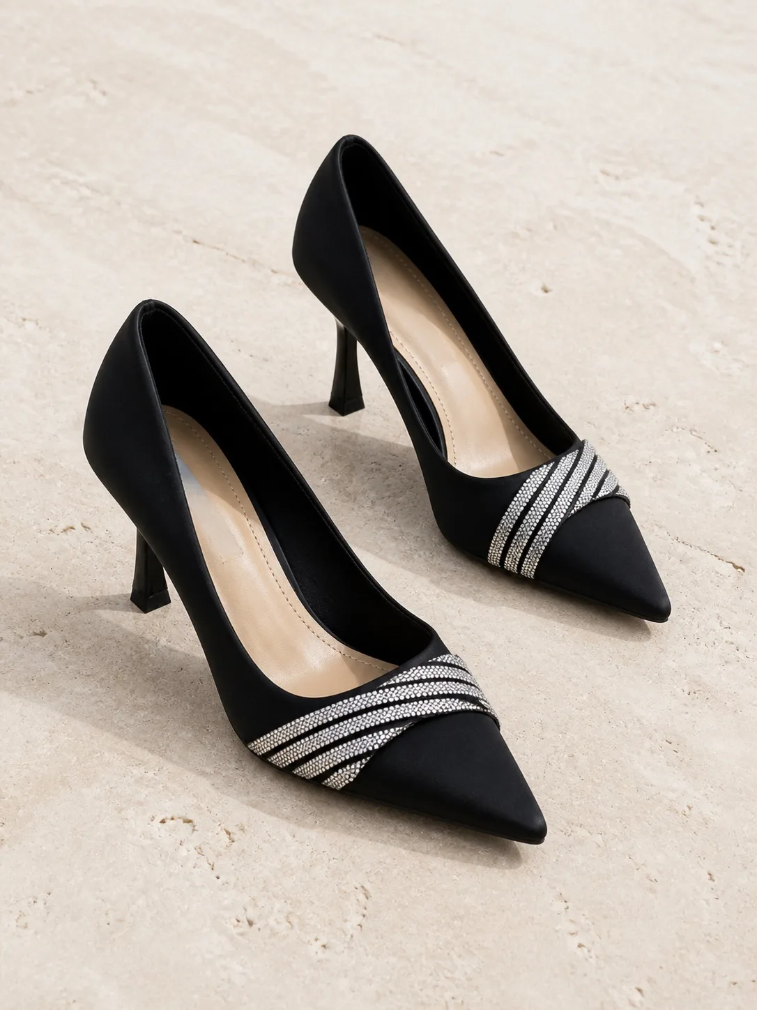 BLACK SATIN CRYSTAL BAND STILETTO PUMPS PRODUCT94