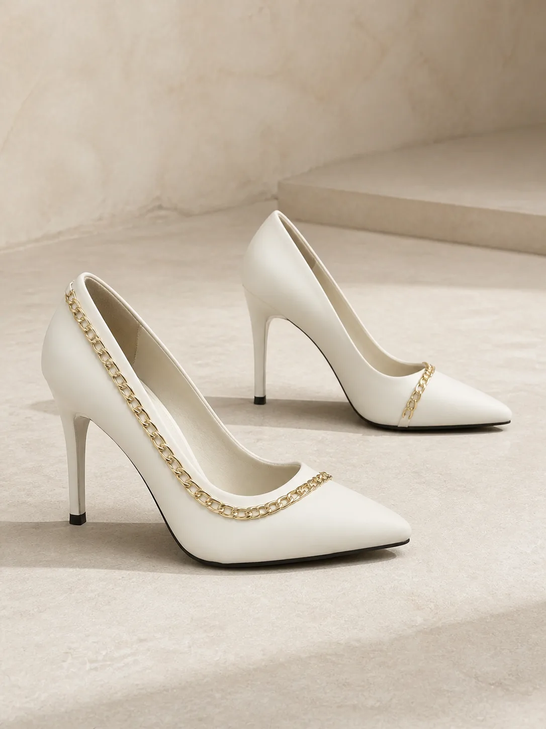 IVORY GOLD CHAIN TRIM STILETTO PUMPS PRODUCT204