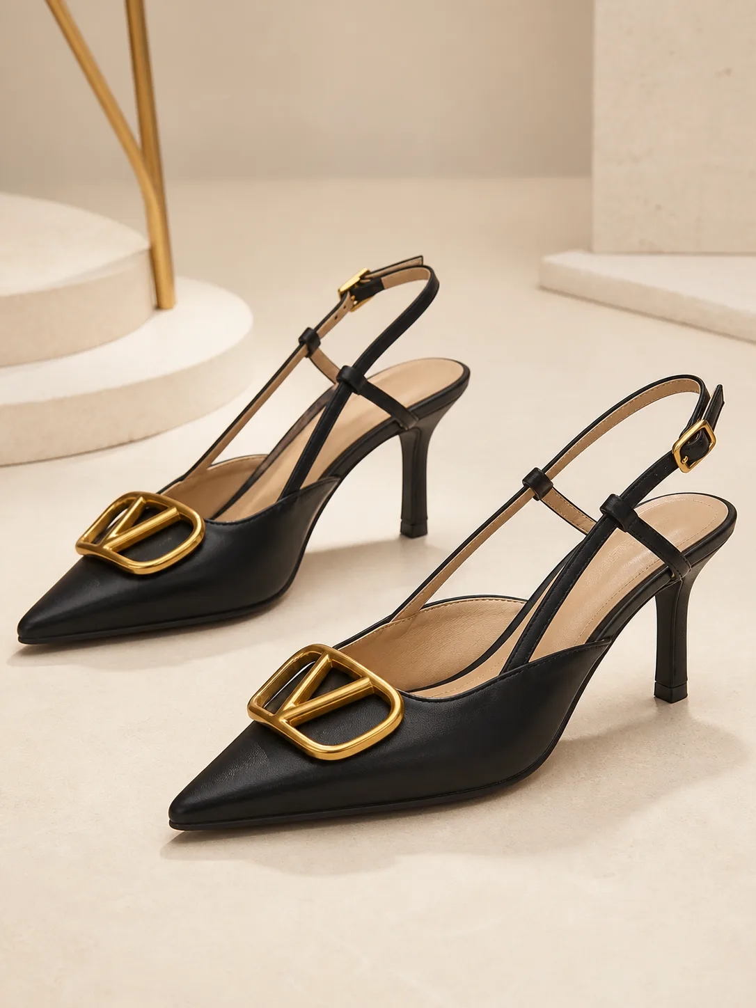 BLACK GOLD V BUCKLE SLINGBACK STILETTOS PRODUCT180