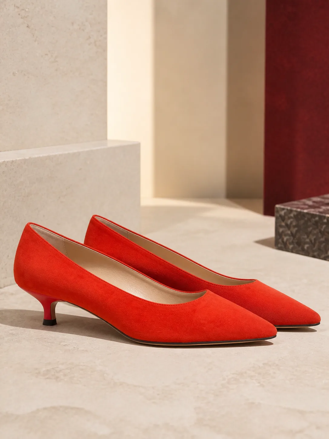 CORAL RED SUEDE POINTED KITTEN PUMPS PRODUCT167