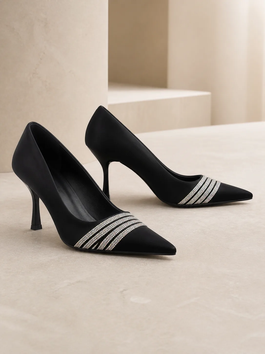 BLACK SATIN CRYSTAL STRIPE STILETTO PUMPS PRODUCT194