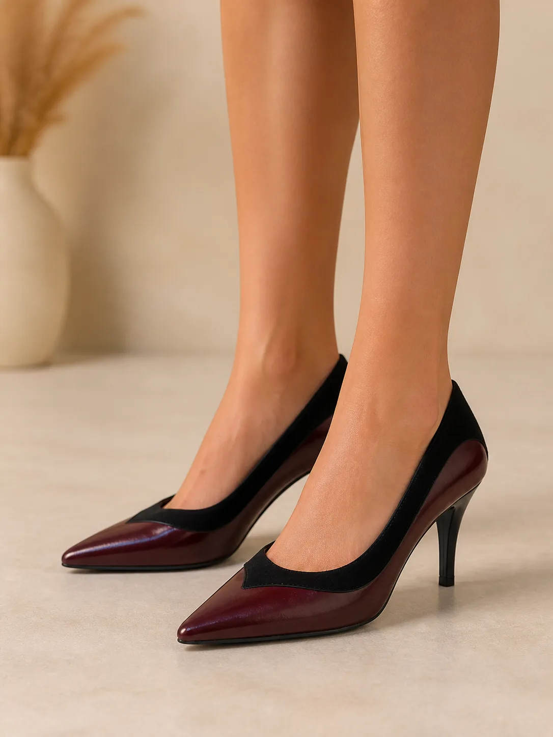 MAROON BLACK CAP TOE KITTEN HEEL PUMPS PRODUCT133 — photo 1