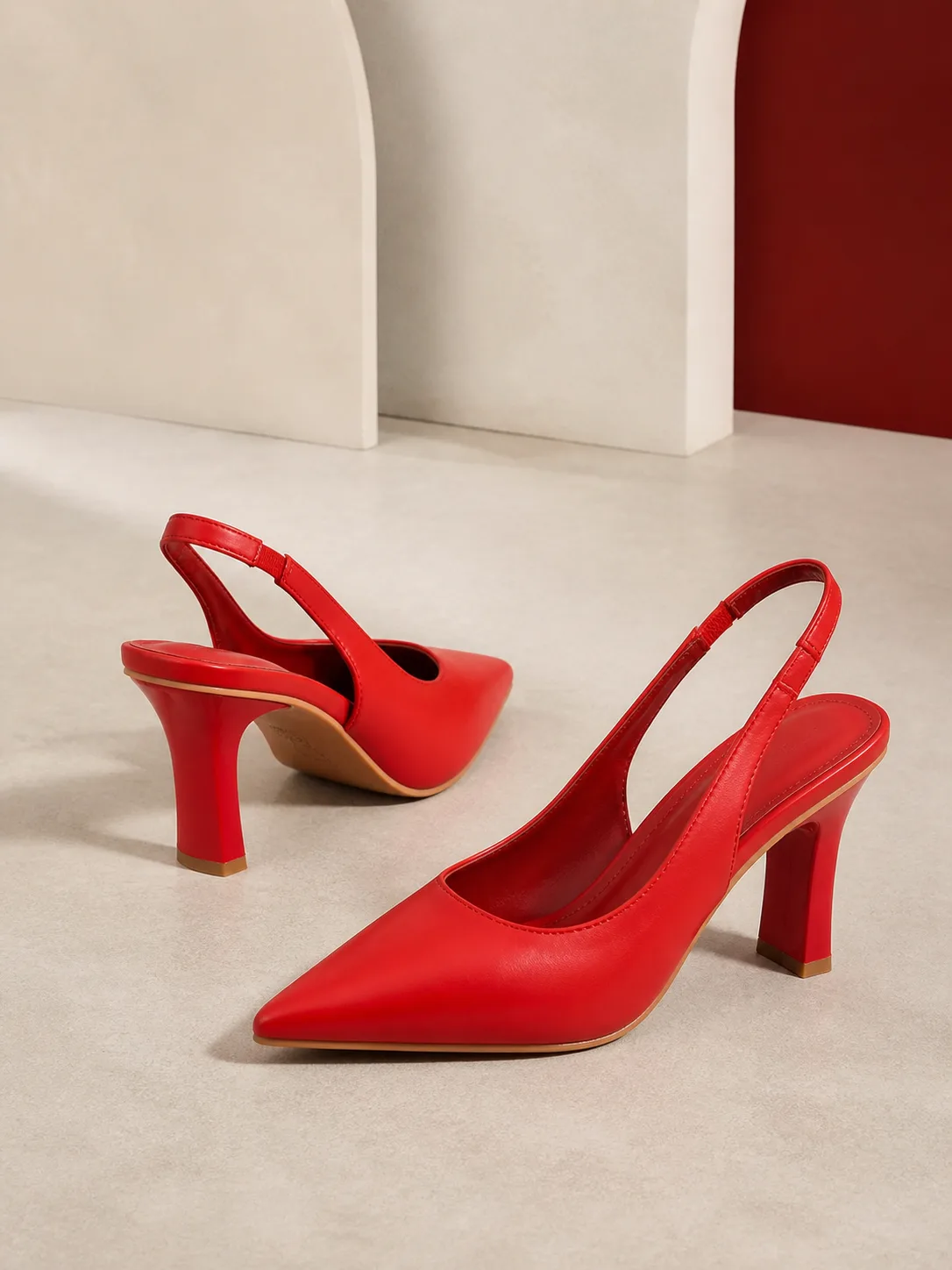 RED POINTED SLINGBACK FLARED HEELS PRODUCT200