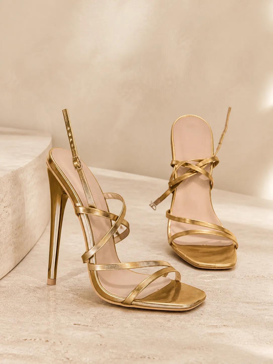 GOLD THIN CROSS STRAP SLINGBACK STILETTOS PRODUCT317