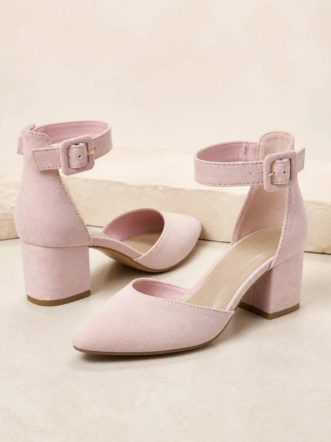 BLUSH SUEDE ANKLE STRAP BLOCK HEEL PUMPS PRODUCT154