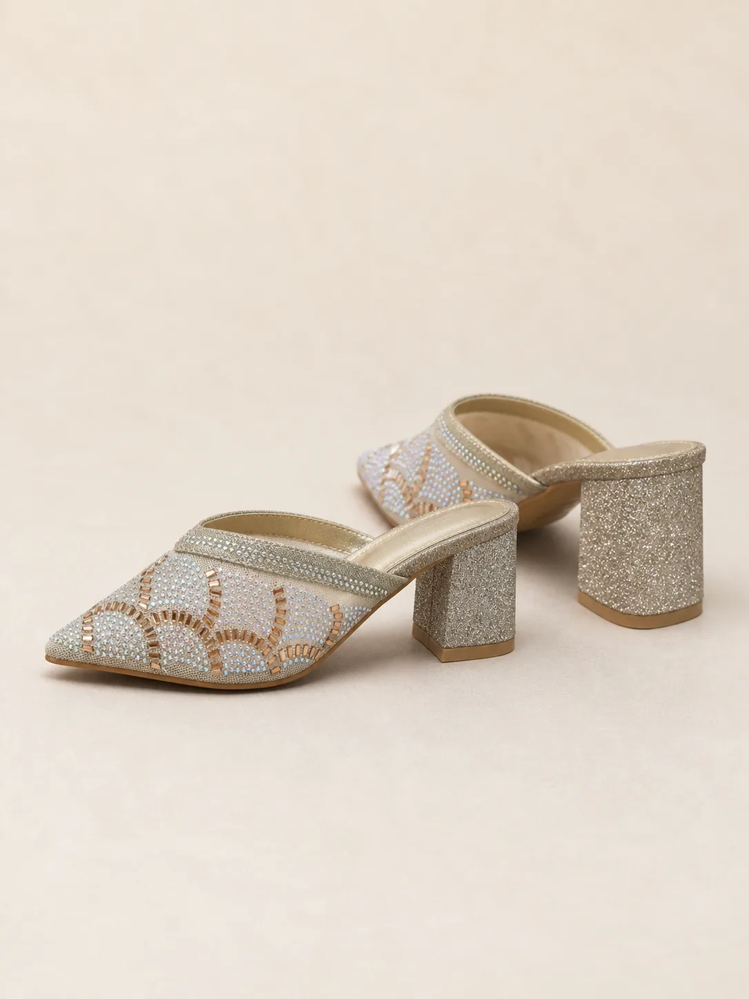 IVORY GOLD GLITTER PATTERN BLOCK MULES PRODUCT155B