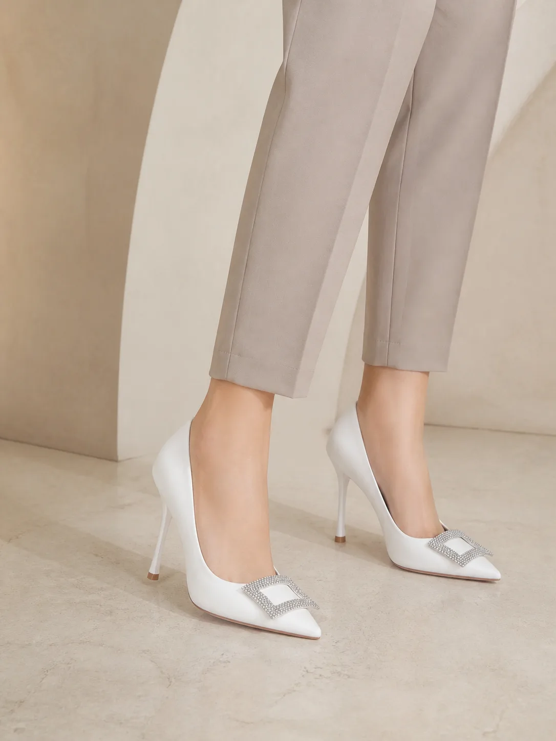 WHITE CRYSTAL SQUARE BUCKLE STILETTO PUMPS PRODUCT183 — photo 1