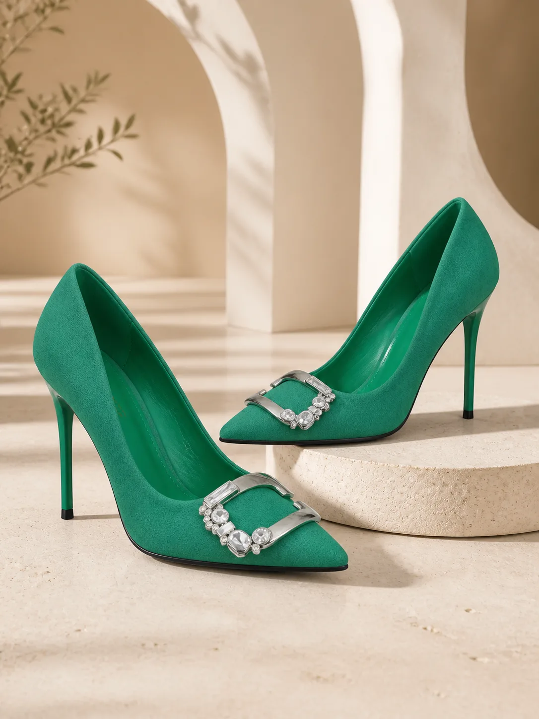 EMERALD SUEDE CRYSTAL BUCKLE POINTED PUMPS PRODUCT290