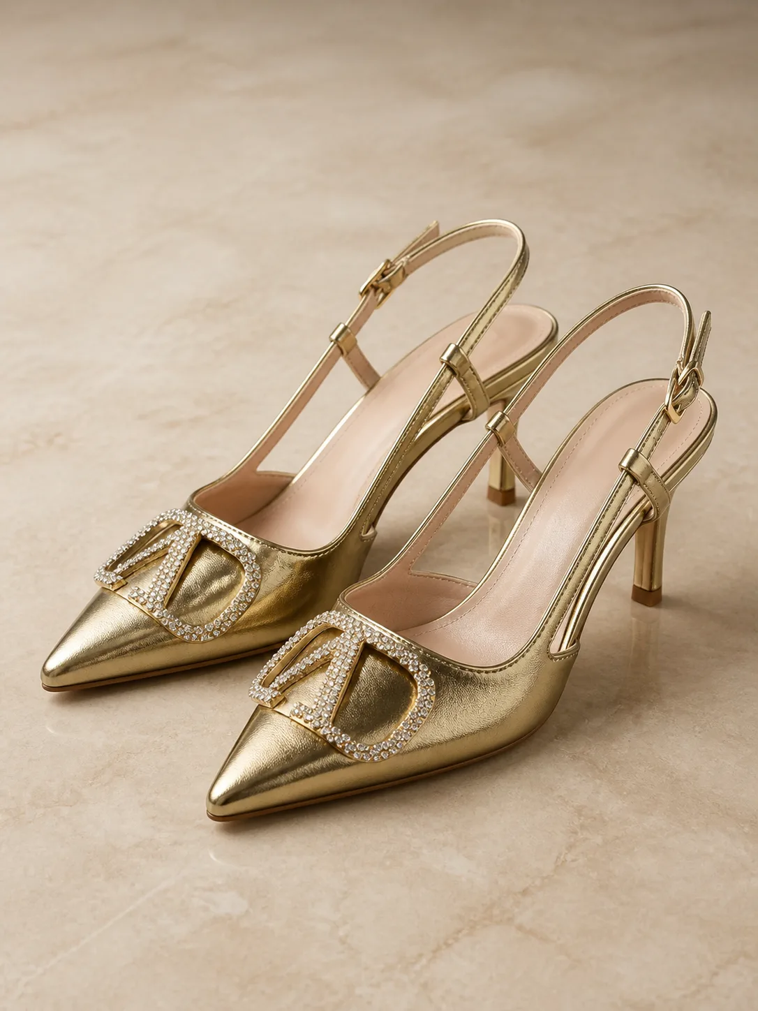 GOLD METALLIC CRYSTAL BUCKLE SLINGBACKS PRODUCT207