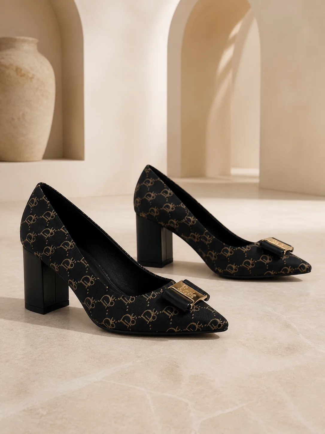 BLACK MONOGRAM PRINT GOLD BUCKLE BLOCK HEELS PRODUCT187