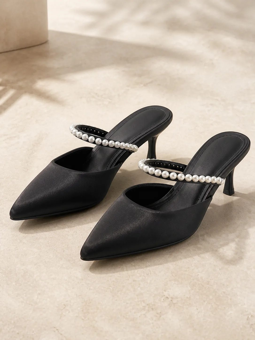 BLACK SATIN PEARL STRAP POINTED MULES PRODUCT198