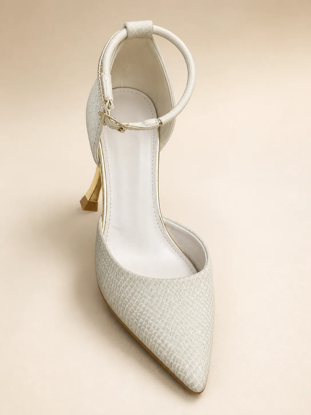 IVORY TEXTURED GOLD HEEL ANKLE STRAP PUMPS PRODUCT280