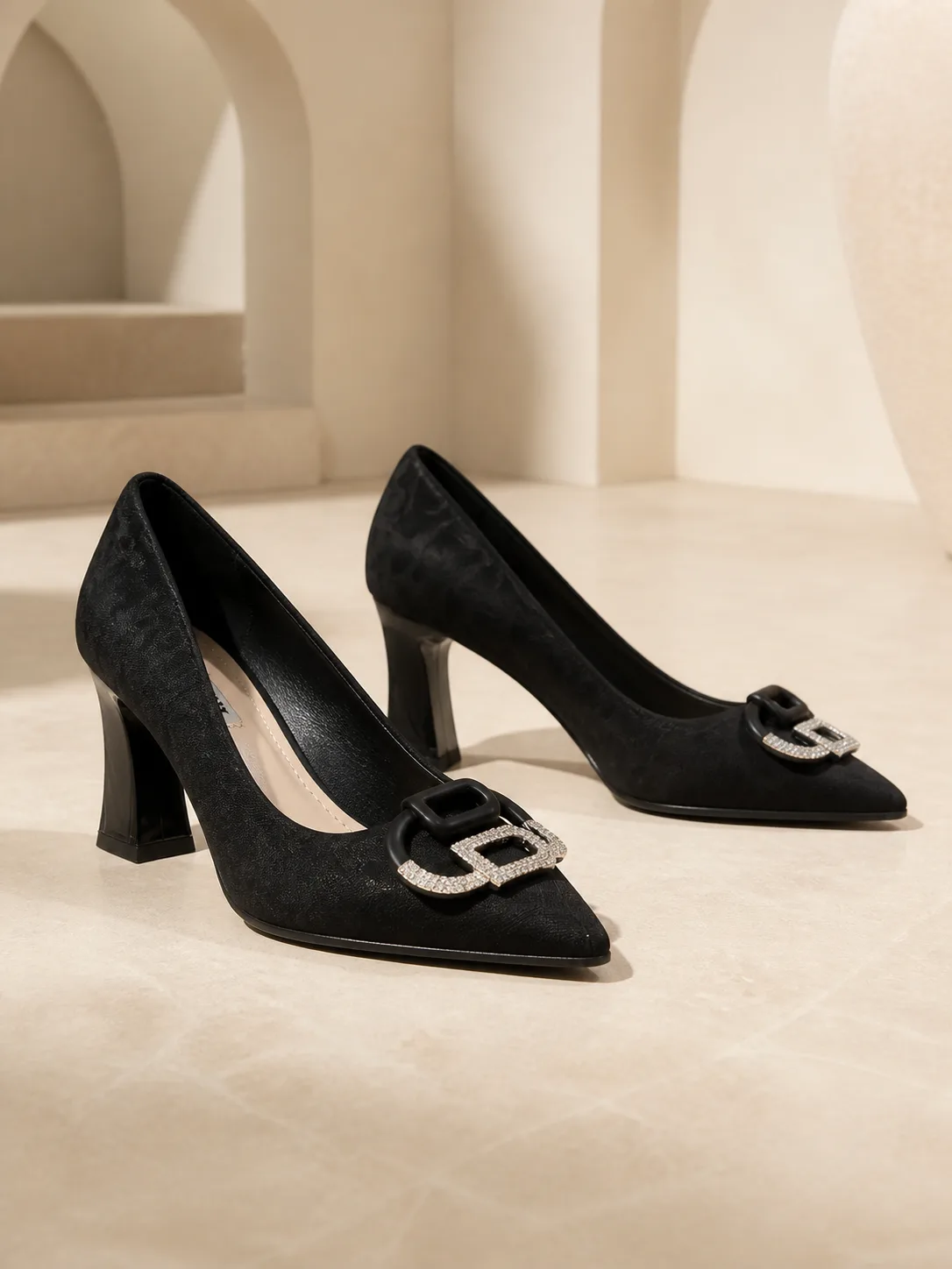 BLACK TEXTURED CRYSTAL BUCKLE FLARED HEELS PRODUCT190