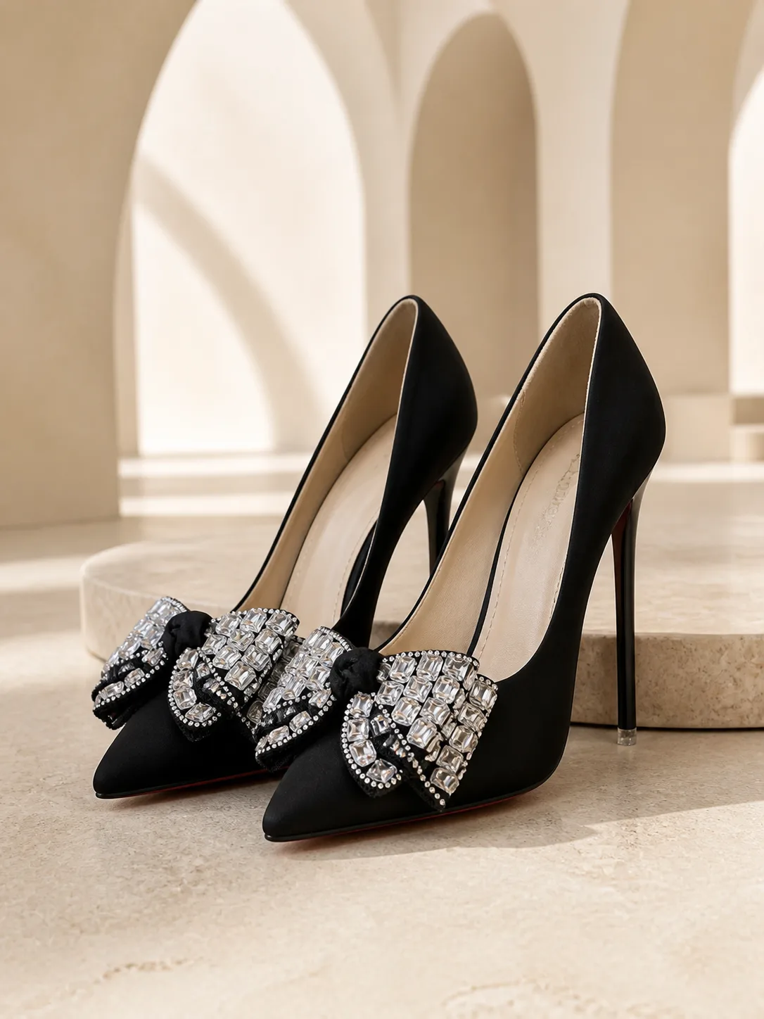 BLACK SATIN CRYSTAL BOW STILETTO PUMPS PRODUCT288