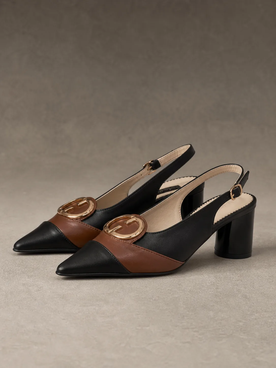 BLACK TAN TWO TONE SLINGBACK BLOCK HEELS PRODUCT146