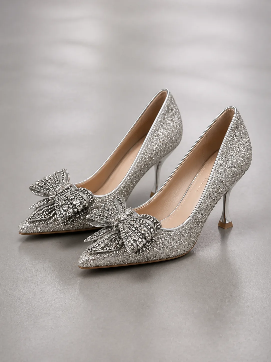 CHAMPAGNE GLITTER CRYSTAL BOW STILETTOS PRODUCT134
