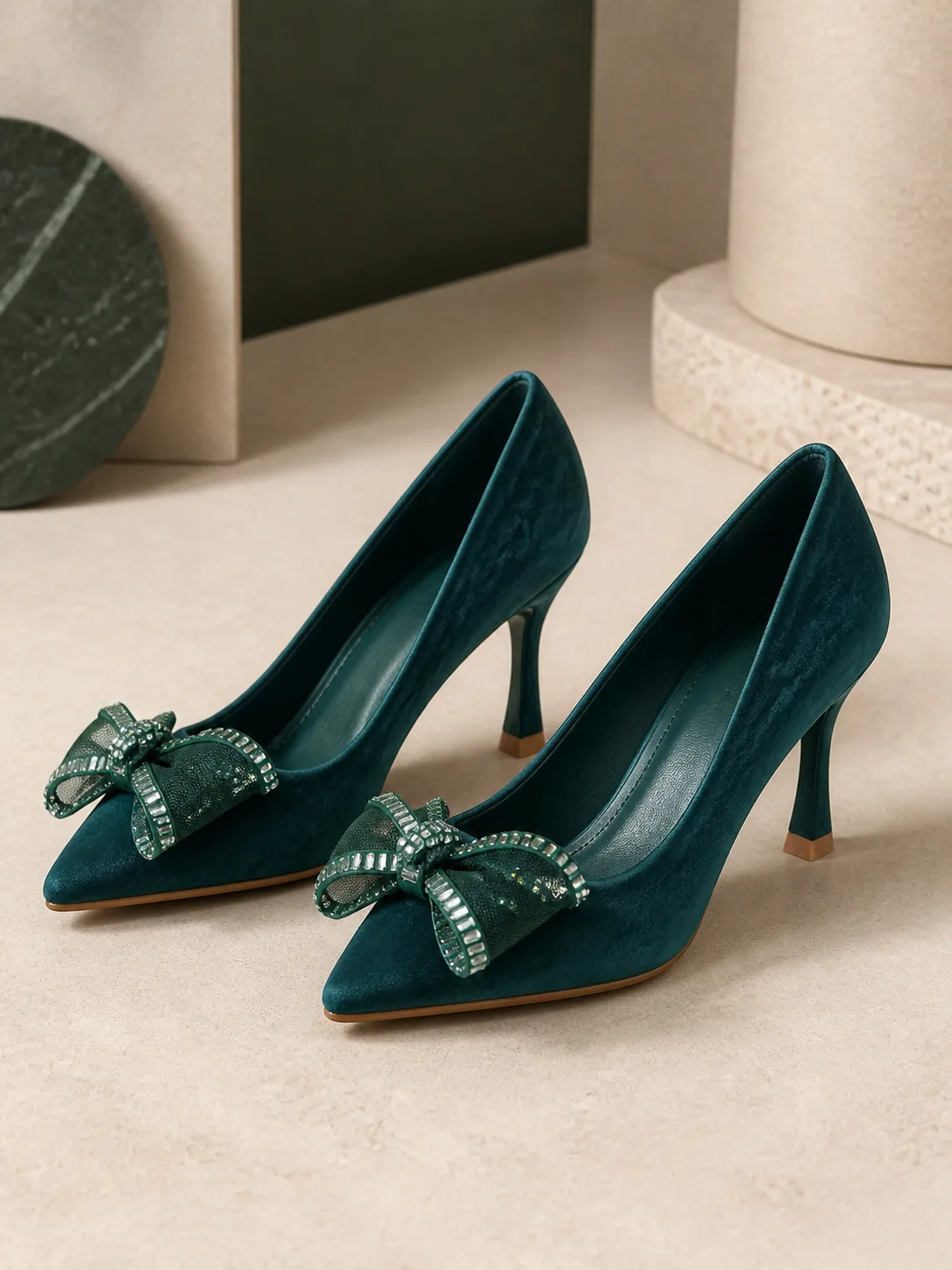 EMERALD VELVET CRYSTAL BOW STILETTO PUMPS PRODUCT165