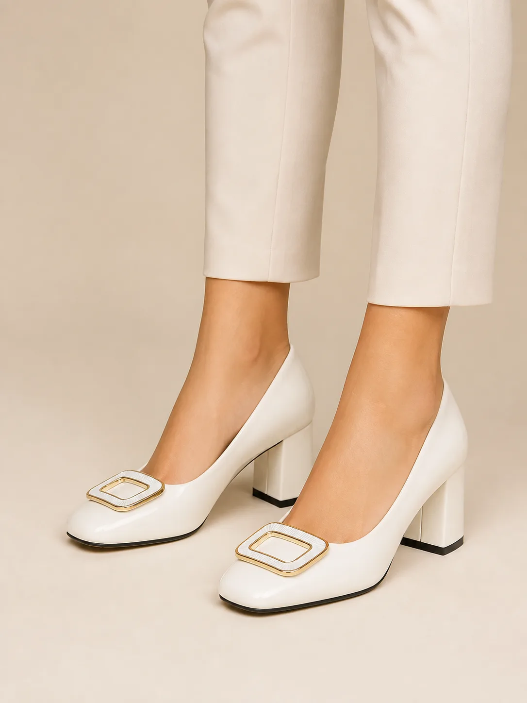 WHITE PATENT GOLD BUCKLE BLOCK PUMPS PRODUCT260 — photo 1
