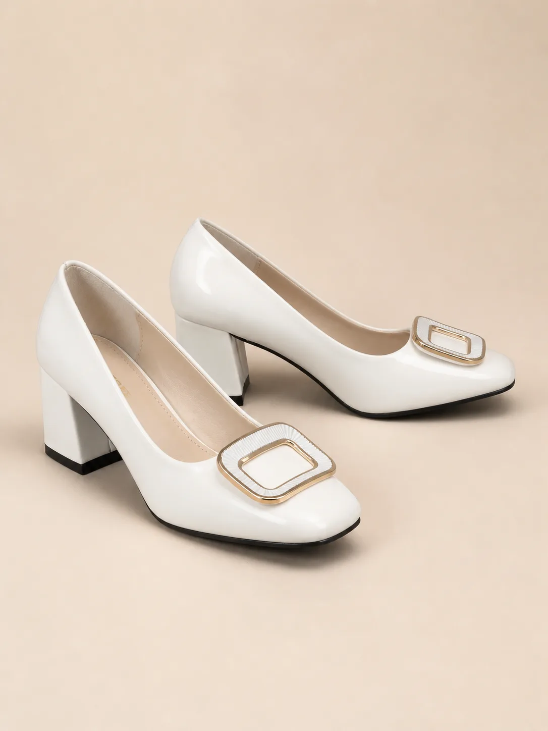 WHITE PATENT GOLD BUCKLE BLOCK PUMPS PRODUCT260
