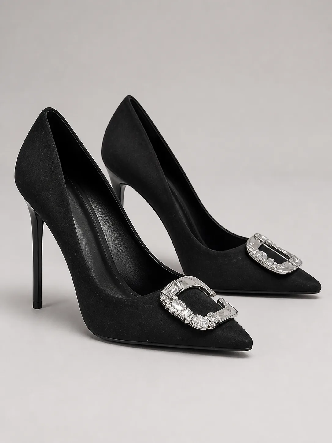 BLACK SUEDE CRYSTAL SQUARE BUCKLE PUMPS PRODUCT159B