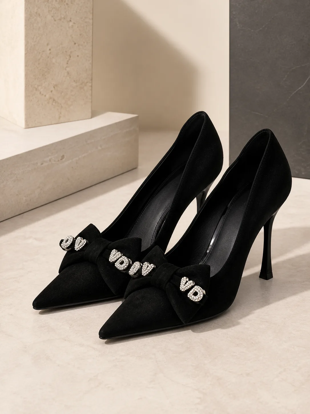 BLACK SUEDE CRYSTAL BOW POINTED PUMPS PRODUCT161