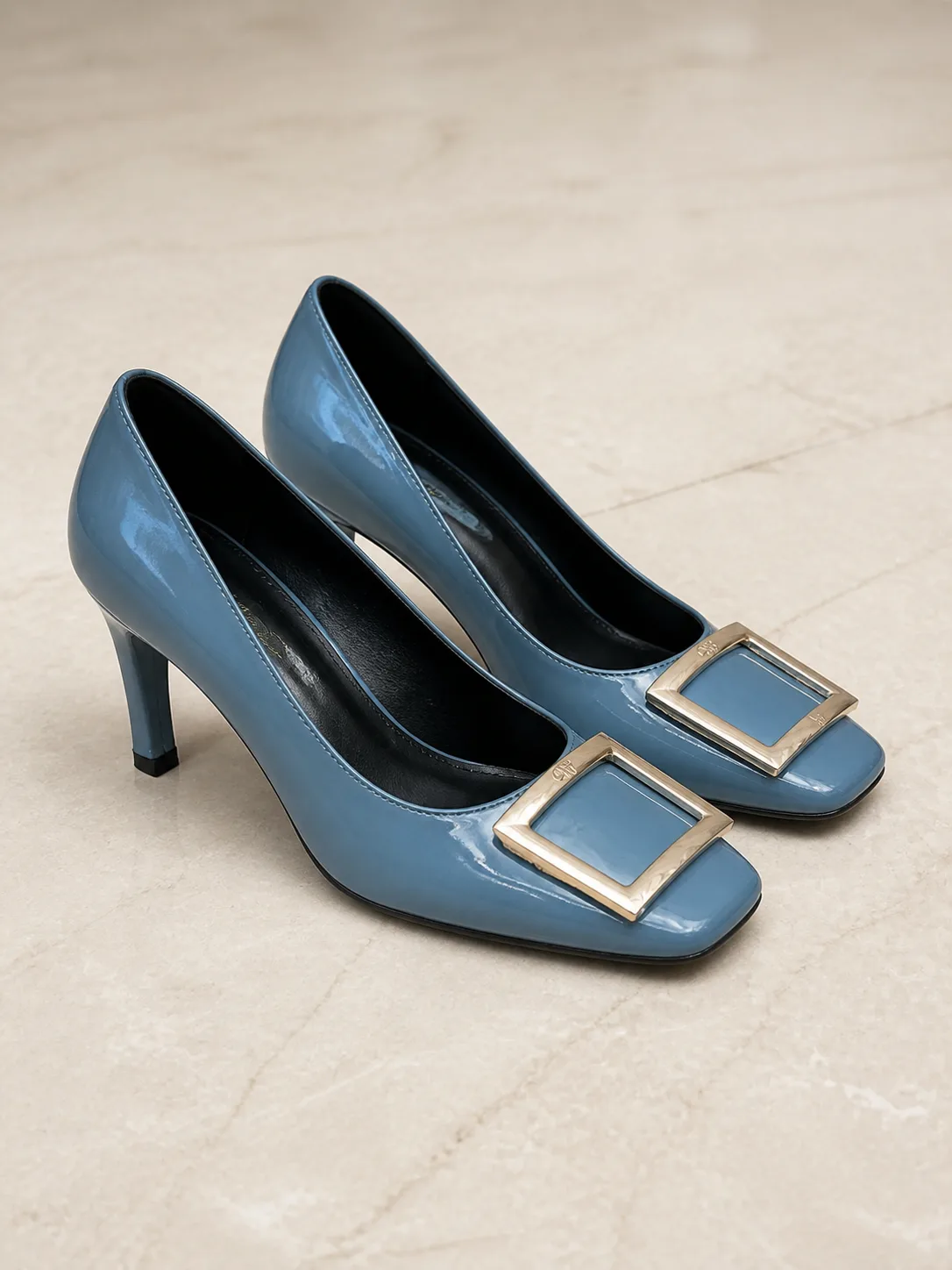 TEAL BLUE PATENT GOLD BUCKLE SQUARE TOE PUMPS PRODUCT202
