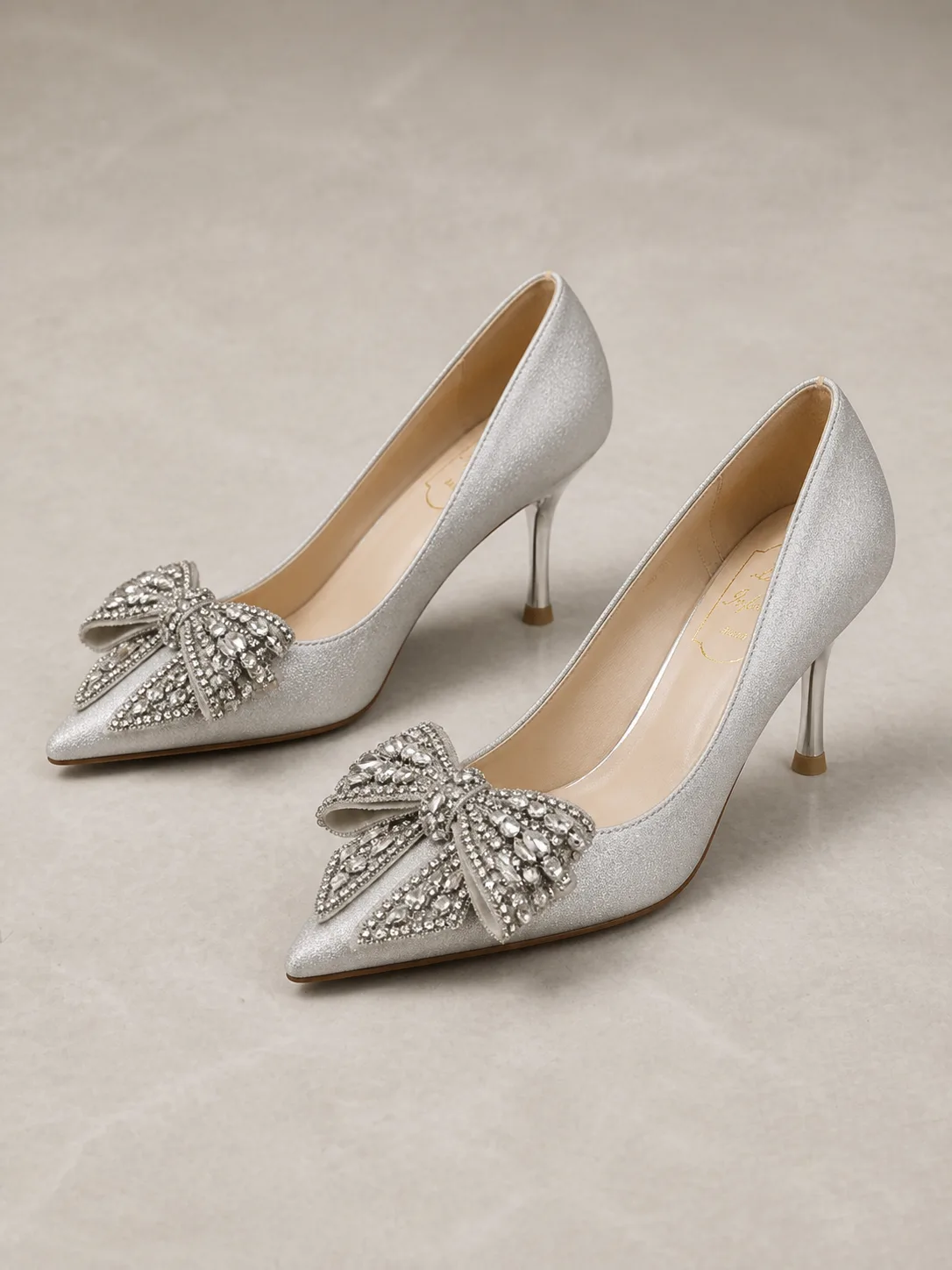 SILVER GLITTER CRYSTAL BOW STILETTO PUMPS PRODUCT72