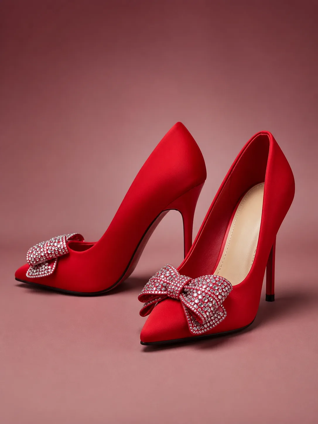 RED SATIN JEWEL BOW STILETTO PUMPS PRODUCT116