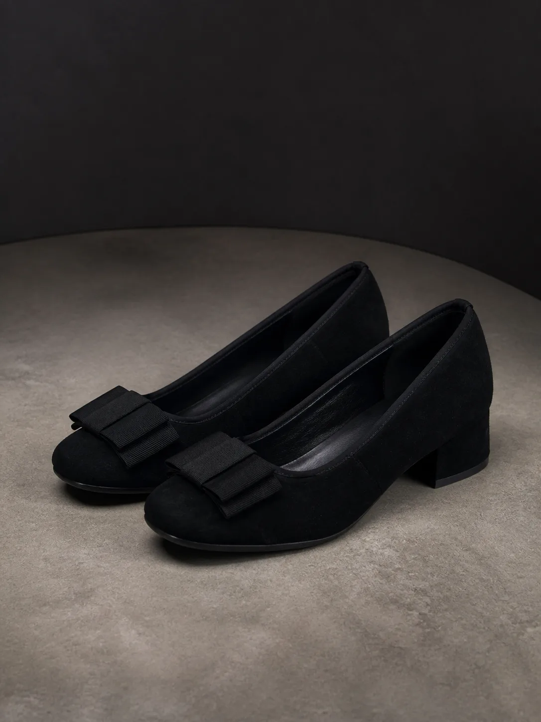BLACK SUEDE BOW LOW BLOCK HEEL PUMPS PRODUCT100