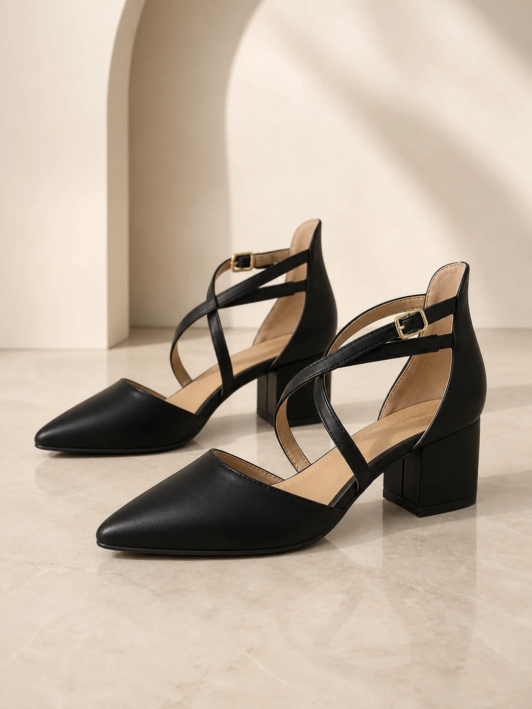 BLACK CROSS STRAP POINTED BLOCK PUMPS PRODUCT130B