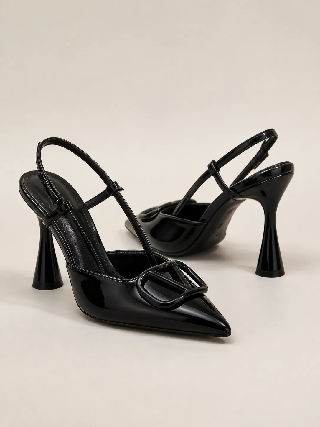 BLACK PATENT V BUCKLE SLINGBACK HEELS PRODUCT162