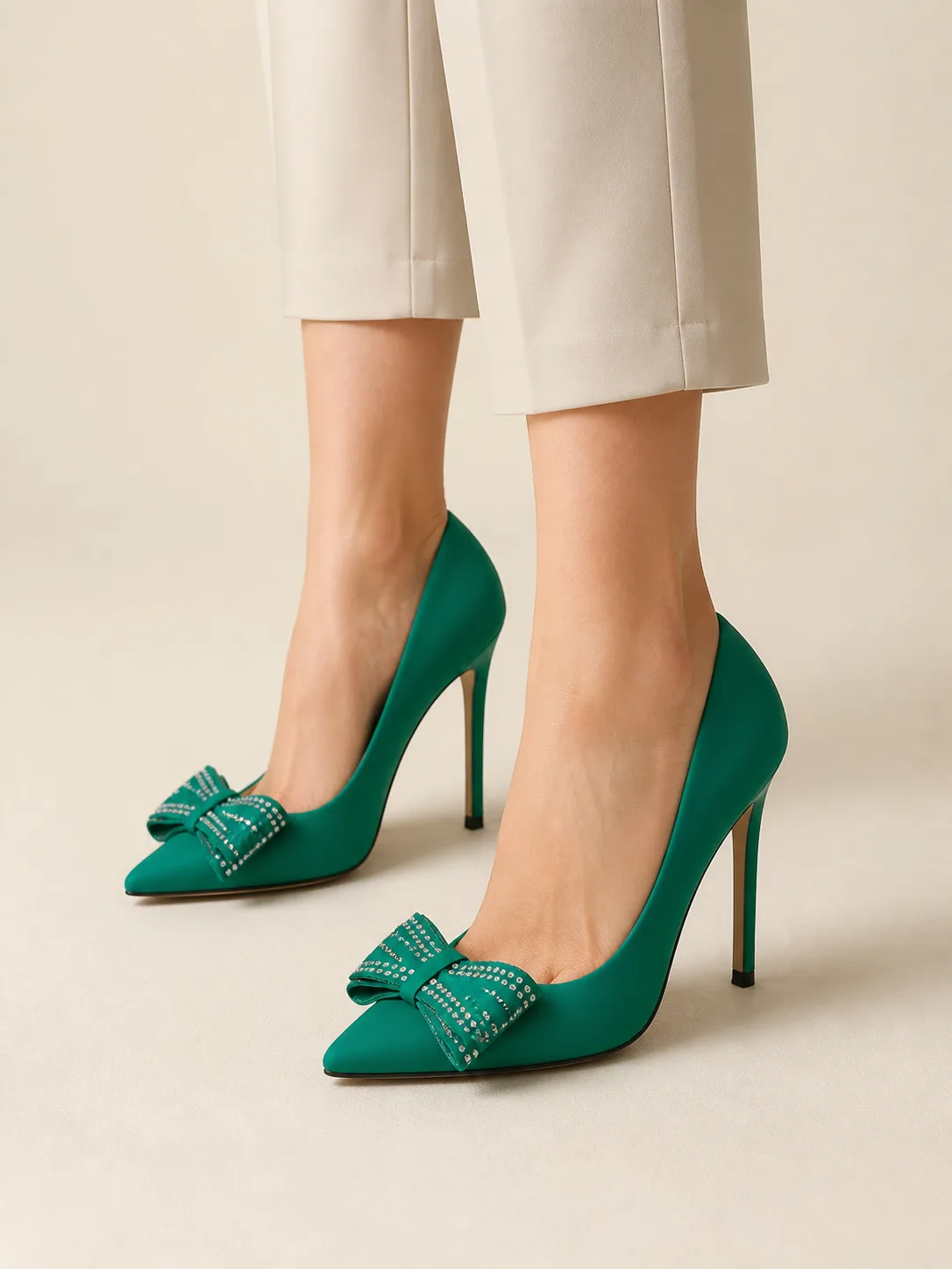 GREEN SATIN CRYSTAL BOW STILETTO PUMPS PRODUCT171 — photo 1