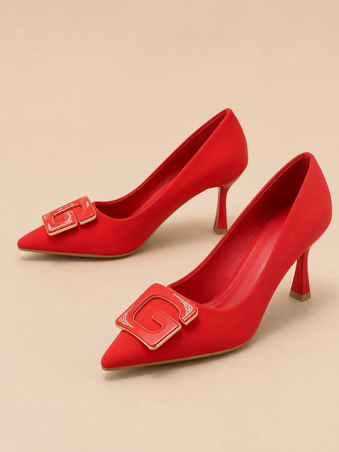 RED SATIN GOLD SQUARE BUCKLE PUMPS PRODUCT266