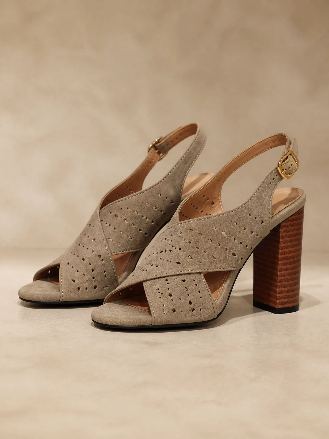 TAUPE PERFORATED SUEDE CROSS SLINGBACKS PRODUCT302