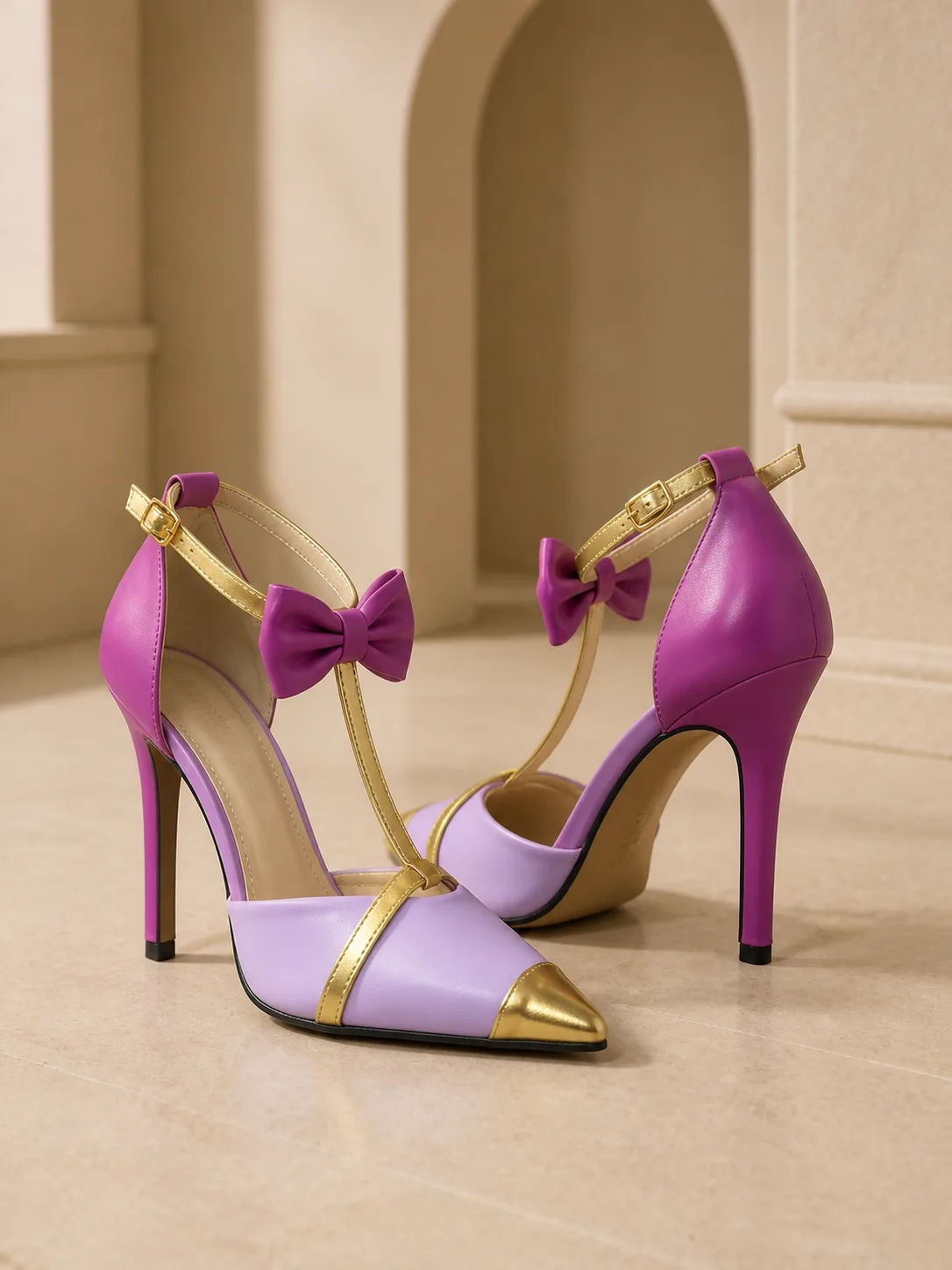 PURPLE GOLD T STRAP BOW STILETTO HEELS PRODUCT186