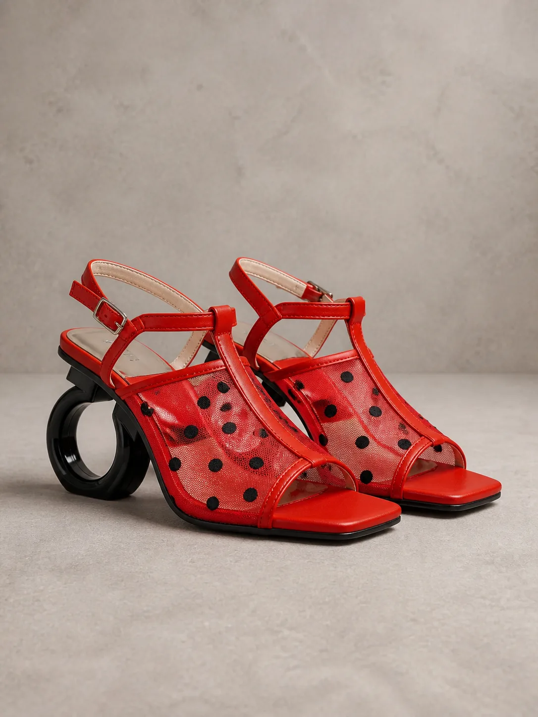 RED POLKA DOT MESH RING HEEL SANDALS PRODUCT306