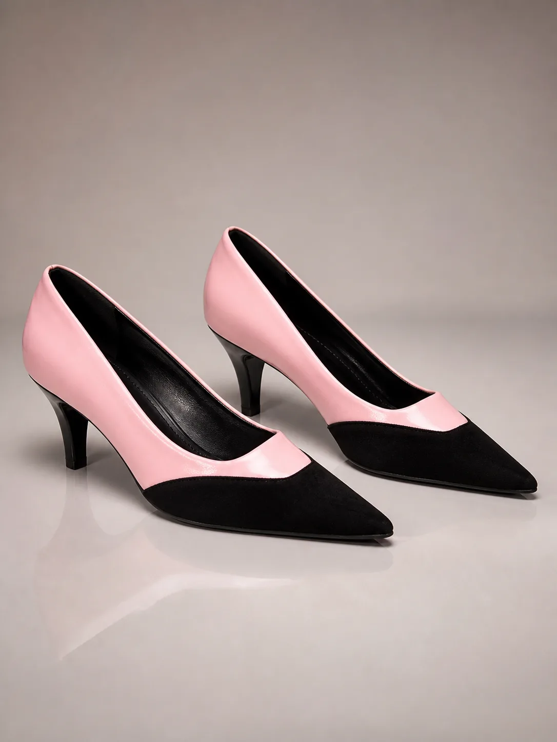 PINK BLACK CAP TOE KITTEN HEEL PUMPS PRODUCT123