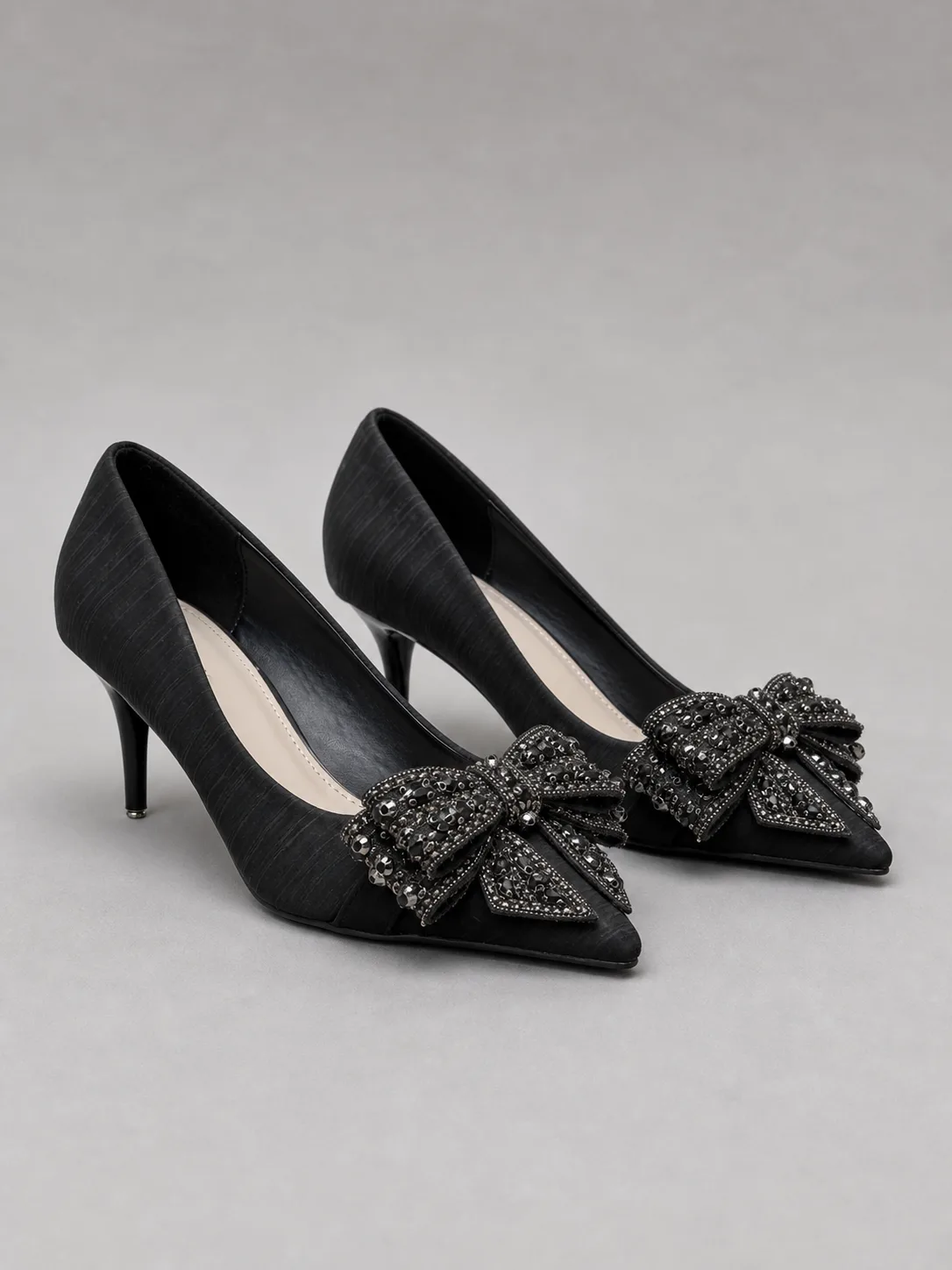 BLACK SATIN CRYSTAL BOW KITTEN HEEL PUMPS PRODUCT16