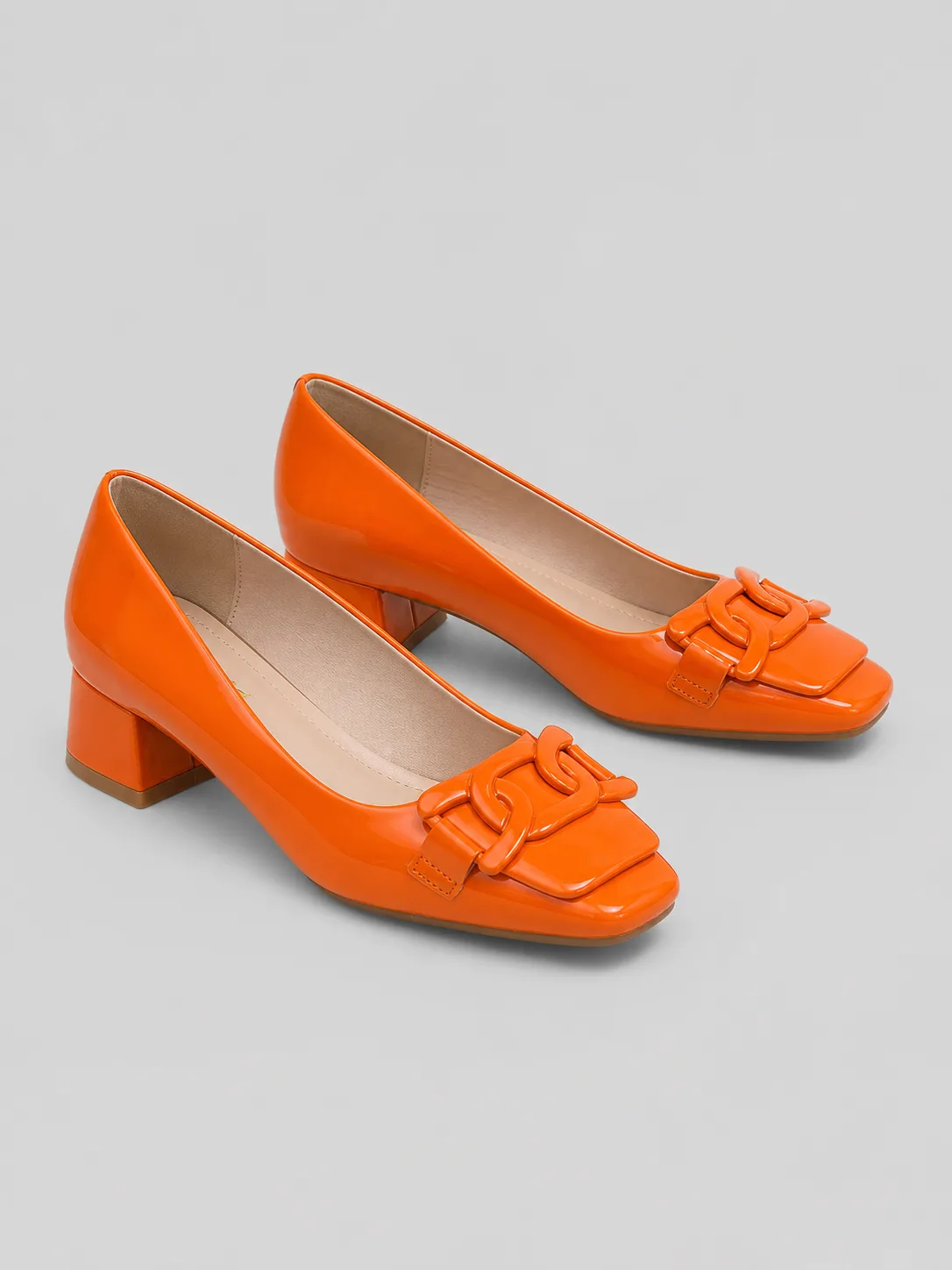 ORANGE PATENT BUCKLE LOW BLOCK HEEL PUMPS PRODUCT107