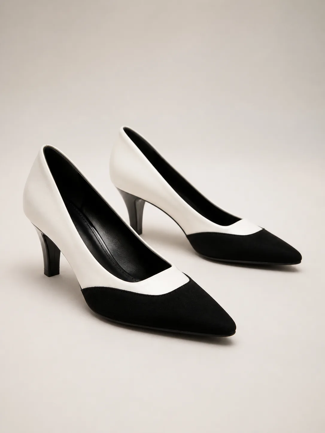 WHITE BLACK PANEL KITTEN HEEL PUMPS PRODUCT285